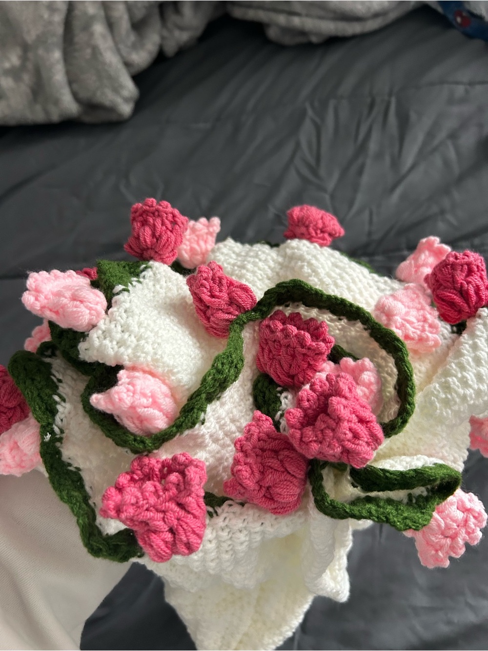 Handmade Crocheted Floral Baby Blanket - Pink & White
